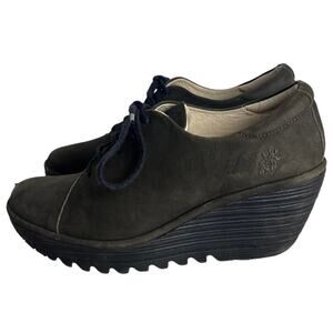 Fly London YUMI Platform Wedge Bootie Women’s 39/8.5 Lace-Up Dark Grey Suede